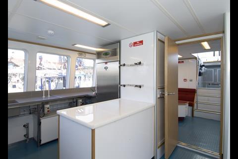 Spacious wet and dry laboratory areas lead forward to a galley/mess area which is aft of the elevated wheelhouse.